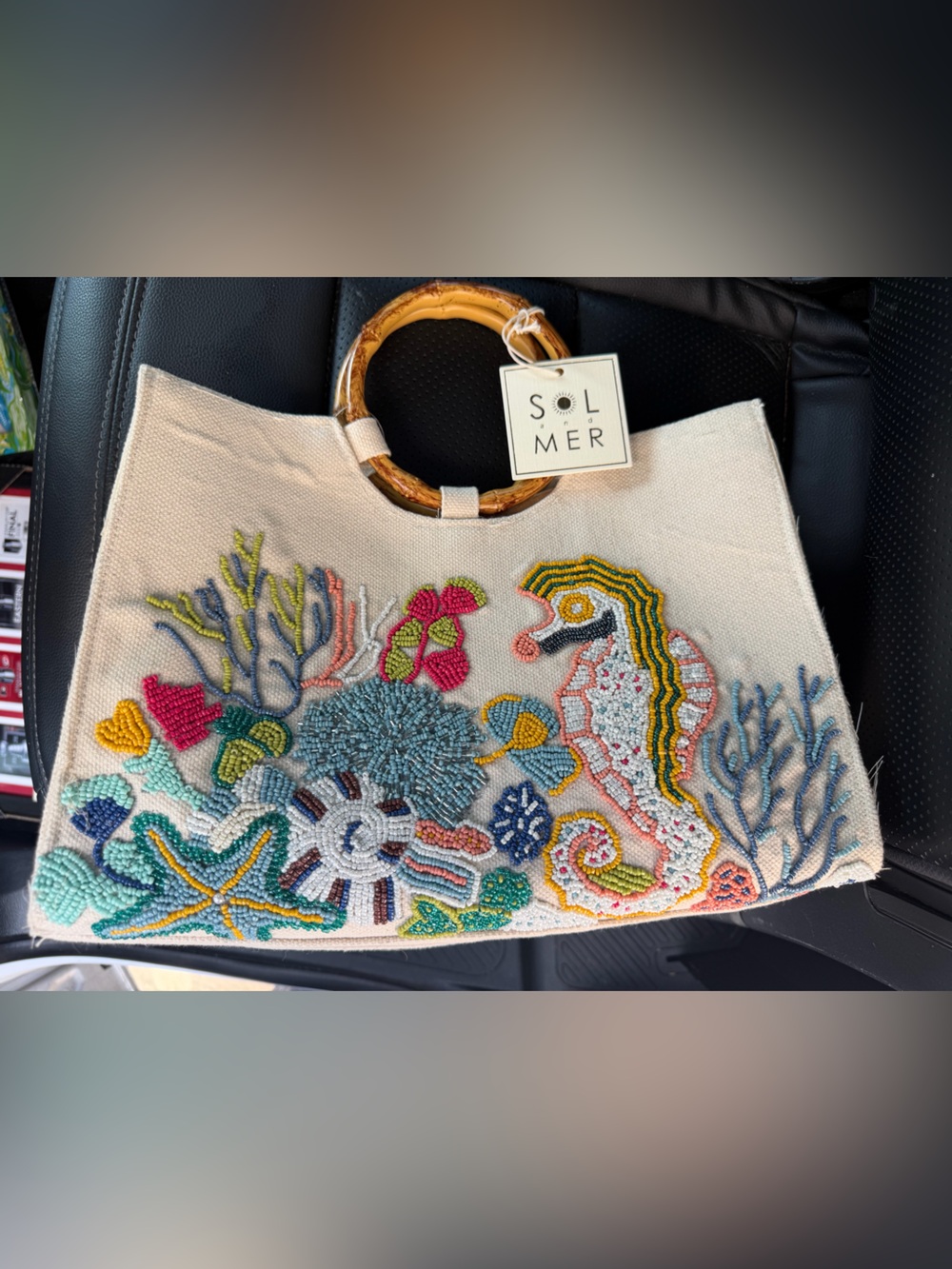 NWT SOL MER Beaded Sea Life Tote with Bamboo Handle - Multicolor